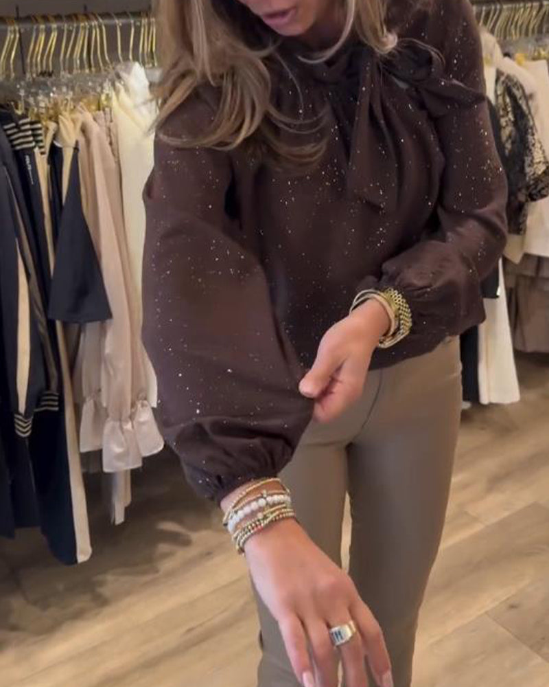 Ribbon Puff-Sleeve Shimmer Elegant Blouse