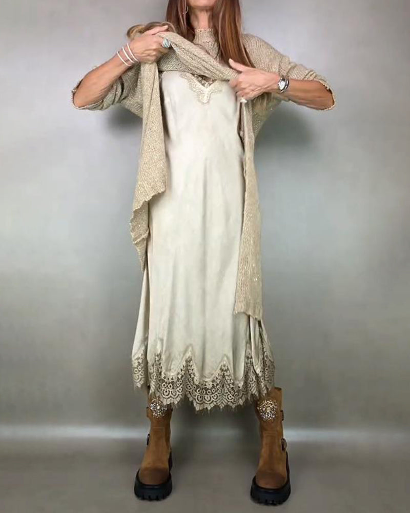 Knitted Dress and Lace Cami Dress Two - piece Set