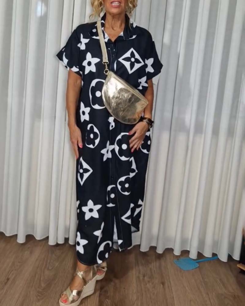 Contrast print lapel button casual dress