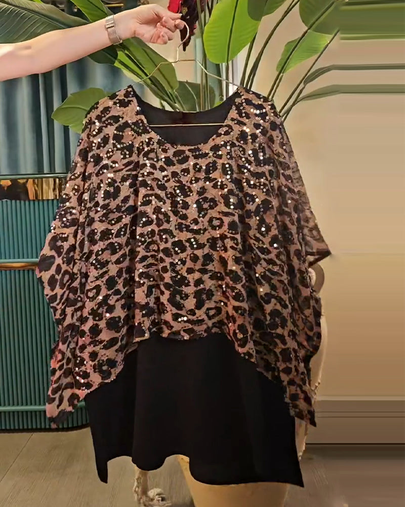Leopard Print Sequined Batwing Sleeve T-Shirt