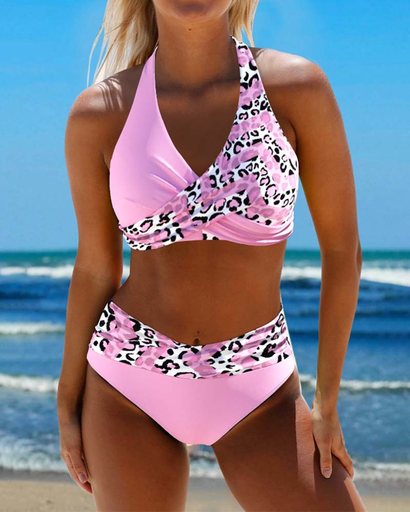 Halterneck leopard patchwork print bikini