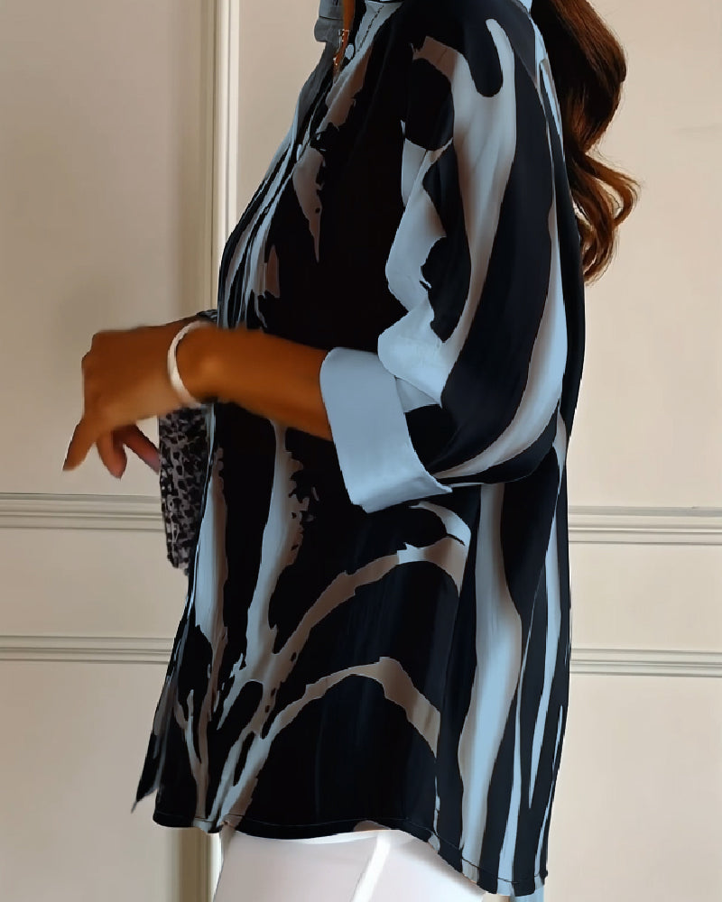 Stand Collar Irregular Printed Blouse