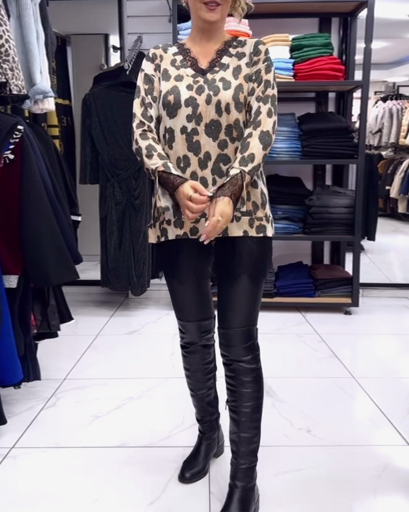 Casual V-Neck Leopard Print Lace Panel Blouse