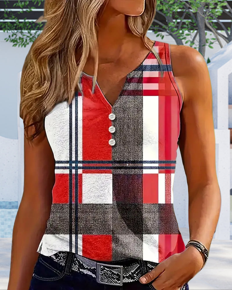 Sleeveless Printed Plaid Tank Top