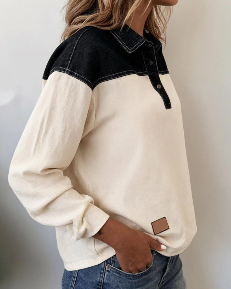 Casual Lapel Denim Patchwork Blouse