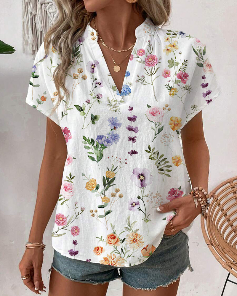 Floral Print Short-Sleeved Blouse