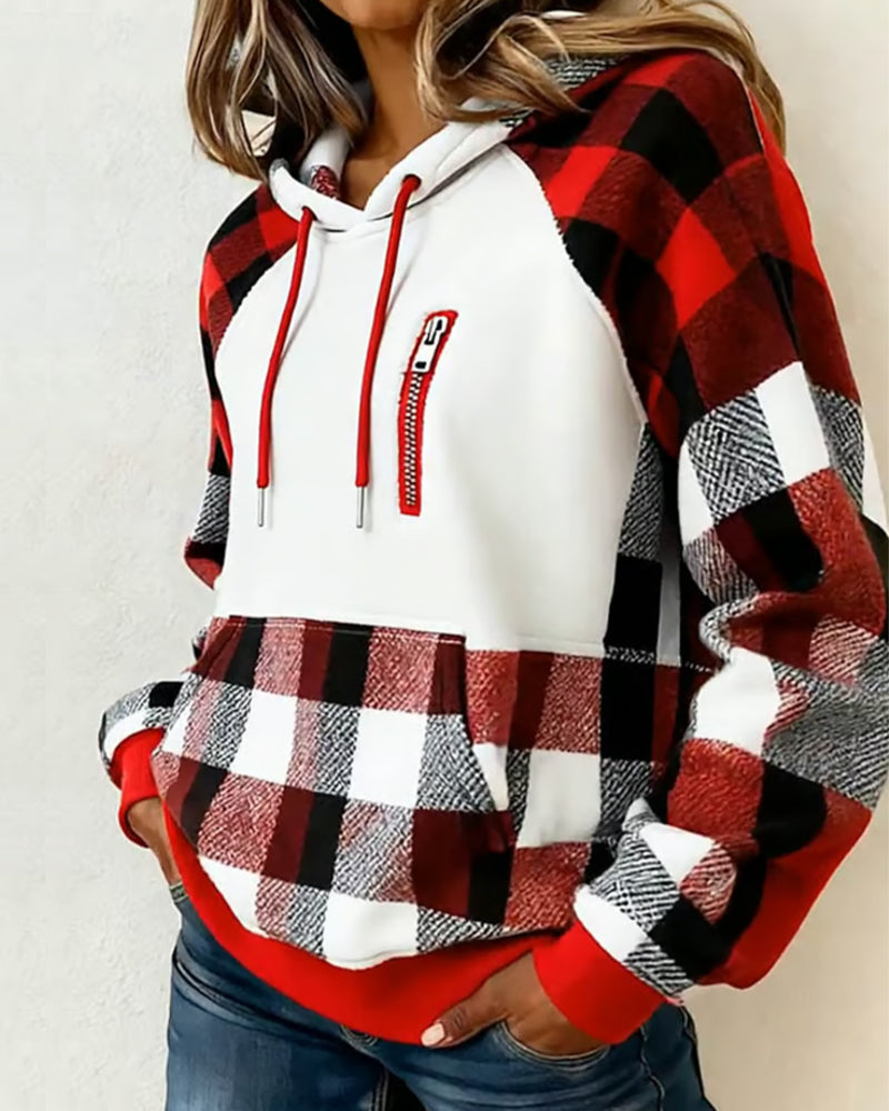 Color-Blocked Plaid Hoodie