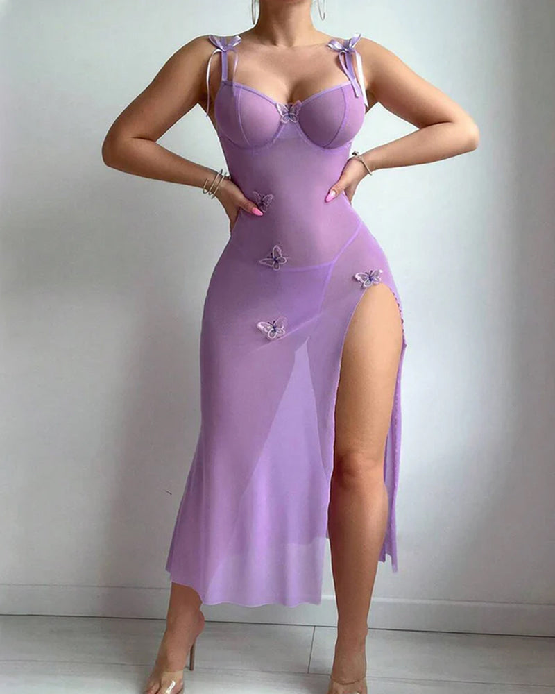 Mesh Butterfly High Slit Suspender Dress