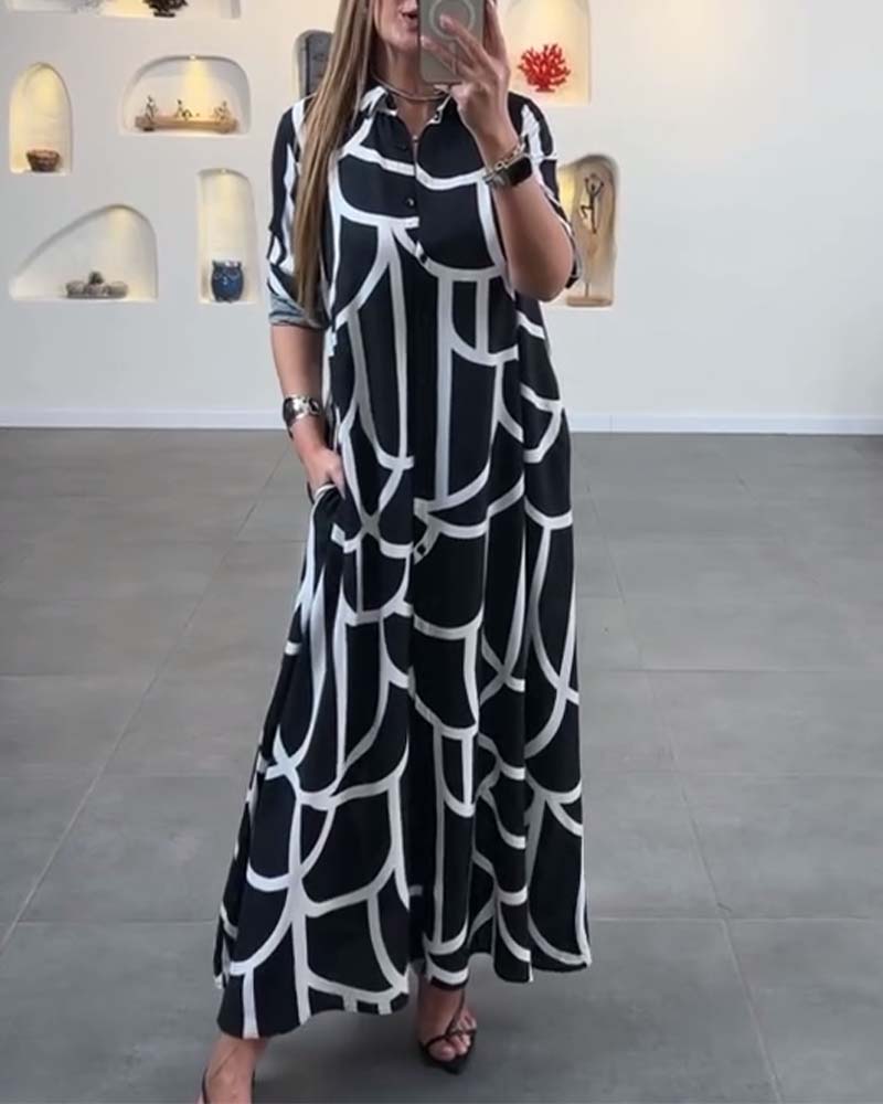 Contrast printed lapel long slit dress