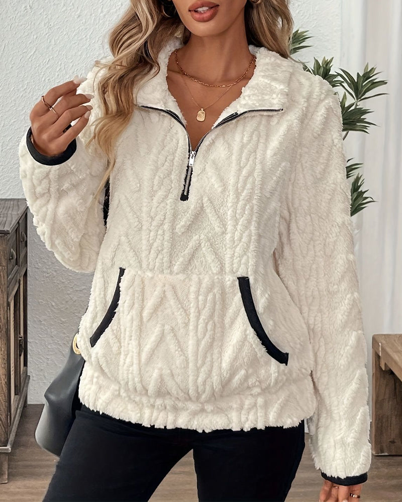 Lapel Zipper Front Fuzzy Sweatshirt