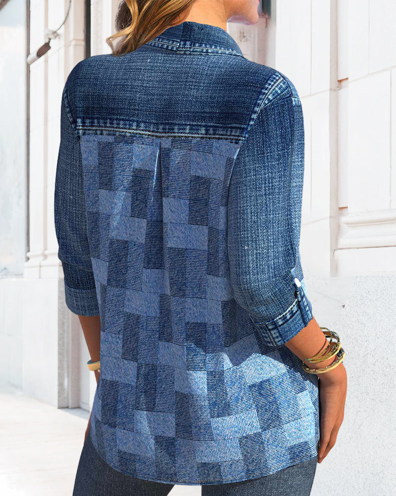 Denim-effect Print Long Sleeve Blouse