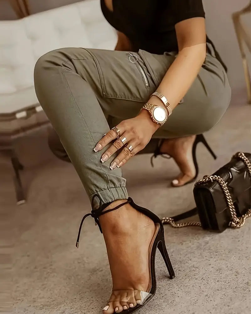 Mid-Waist Pocket Cuffed Cargo Pants