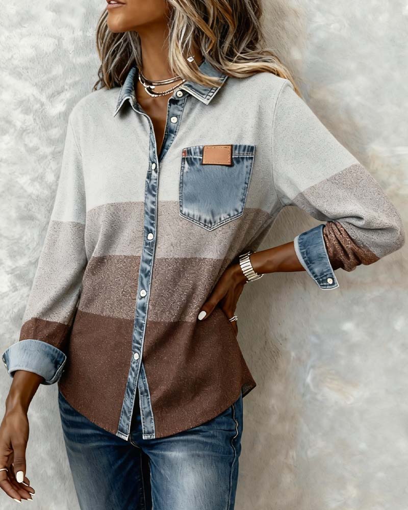 Denim Patchwork Button-Down Shirt