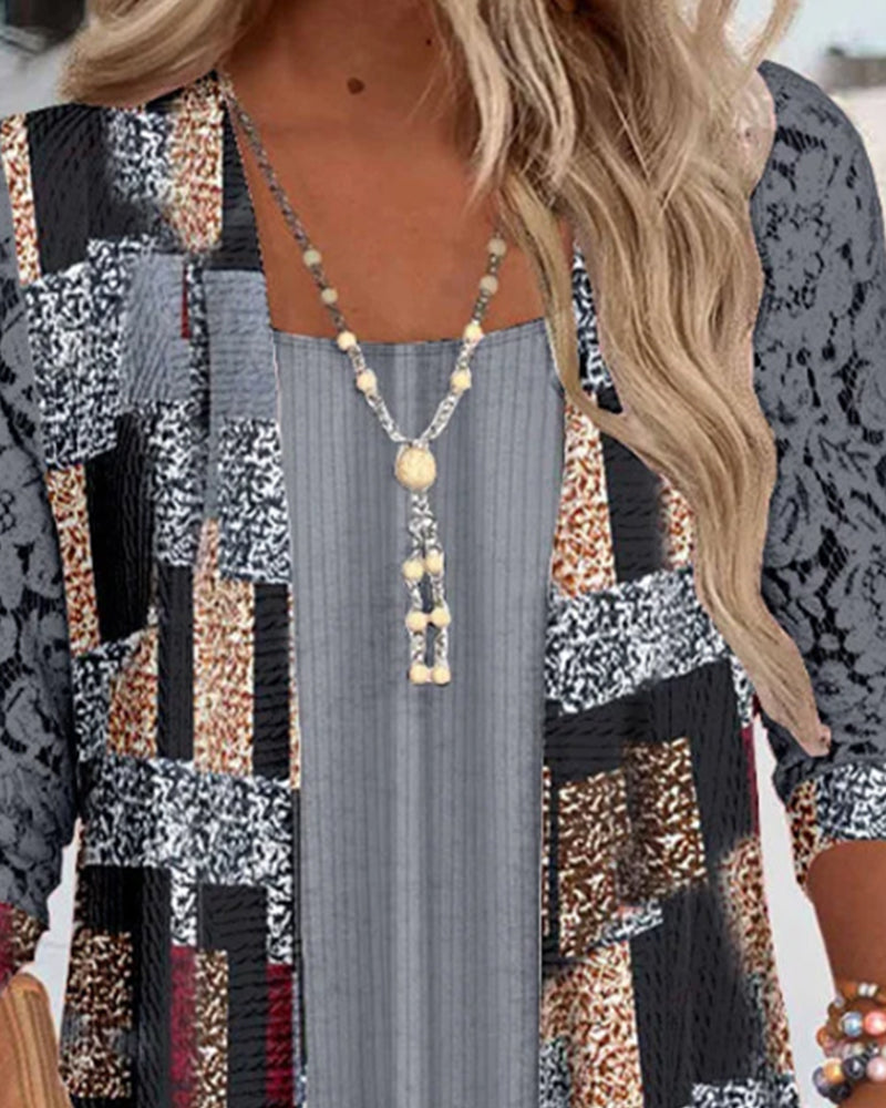 Faux Two-Piece Printed Long-Sleeved Blouse