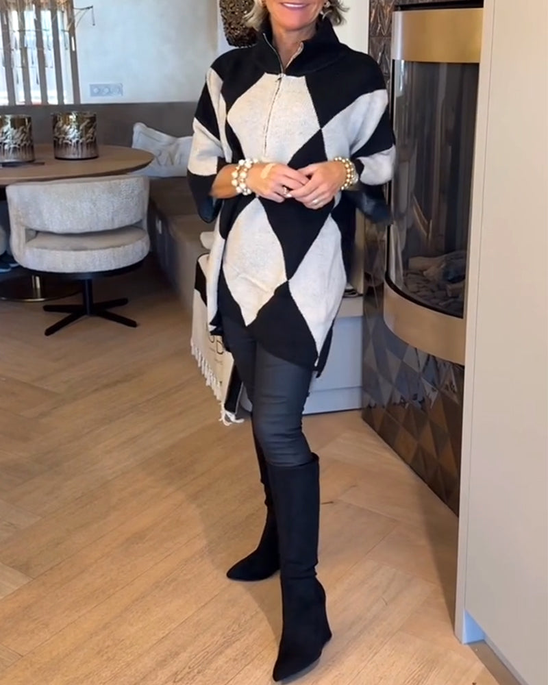 Stand-Up Collar Argyle Irregular Pullover