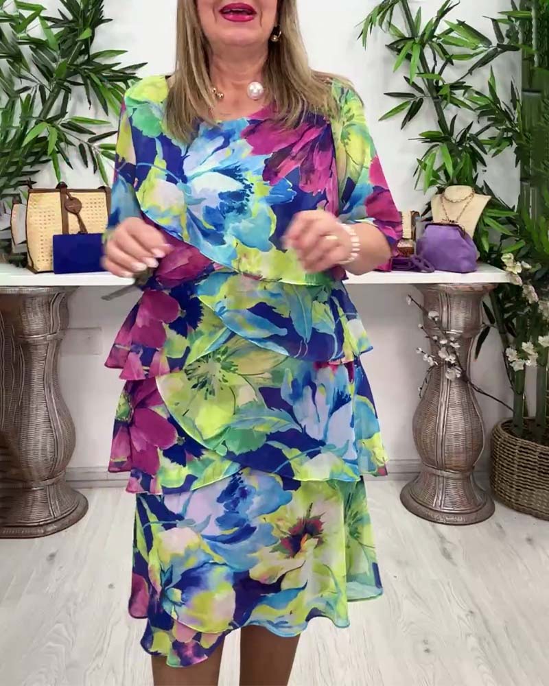 Floral print round neck ruffled half-sleeve dress