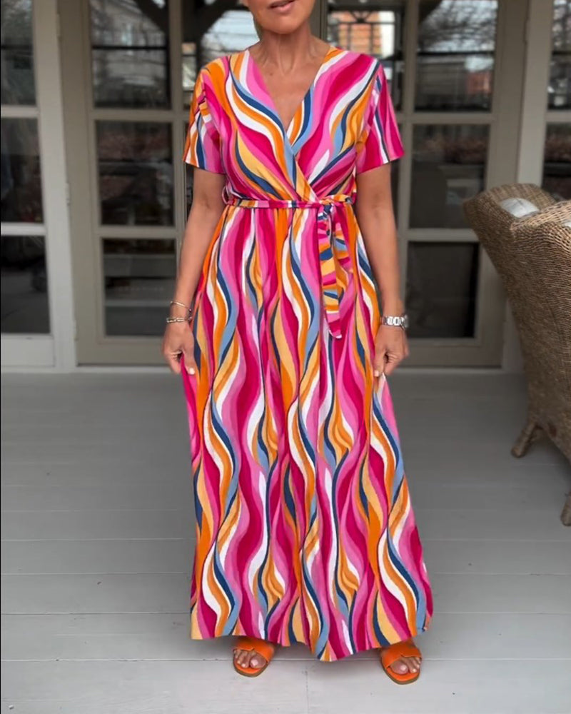 Colorful printed short-sleeved lace-up long dress