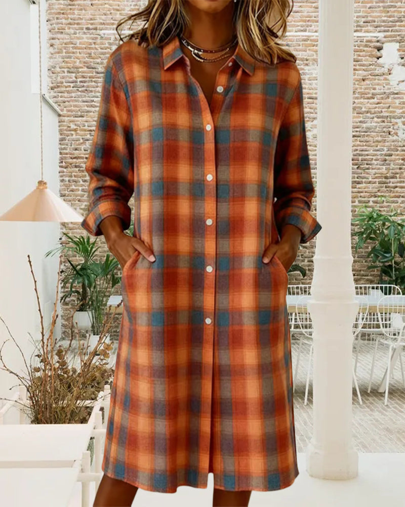 Lapel Plaid Button-Down Shirt Dress