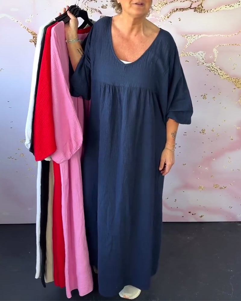 Forest Style V-Neck Pleated Solid Color Dress