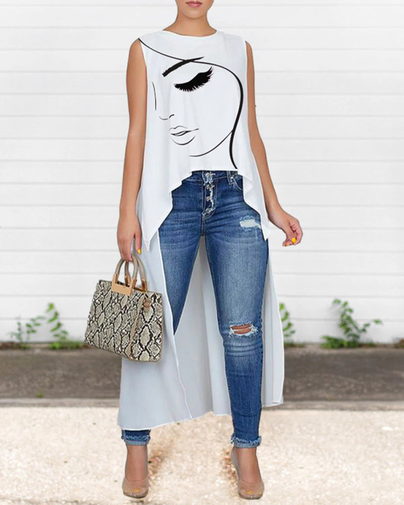 Sleeveless face print irregular top