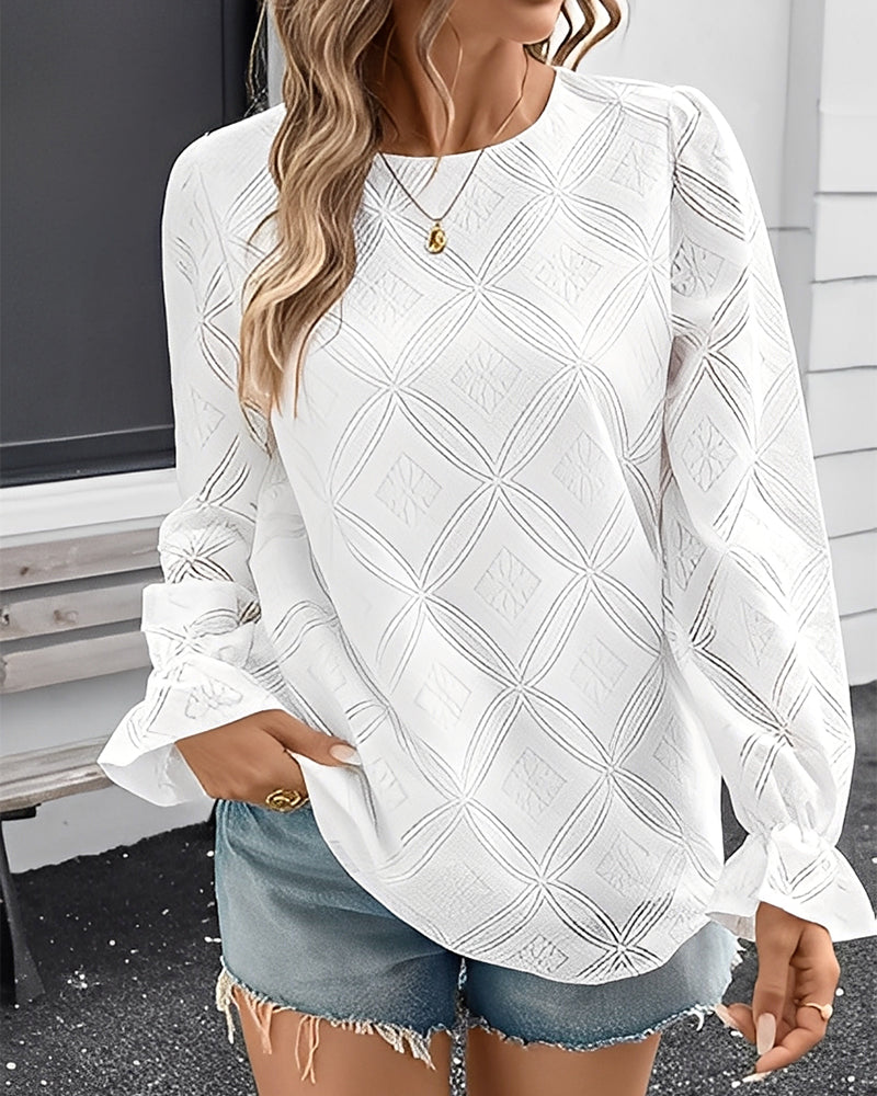 Hollow-Out Round Neck Long-Sleeved Blouse