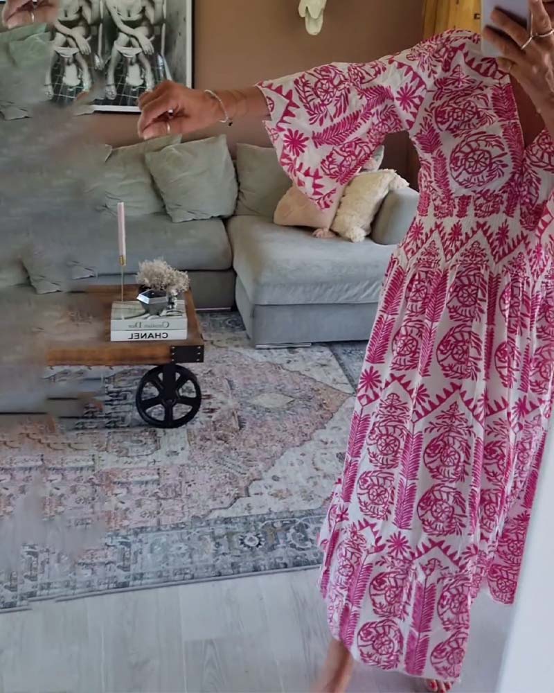 Elegant printed V-neck pleated bell-sleeve dress