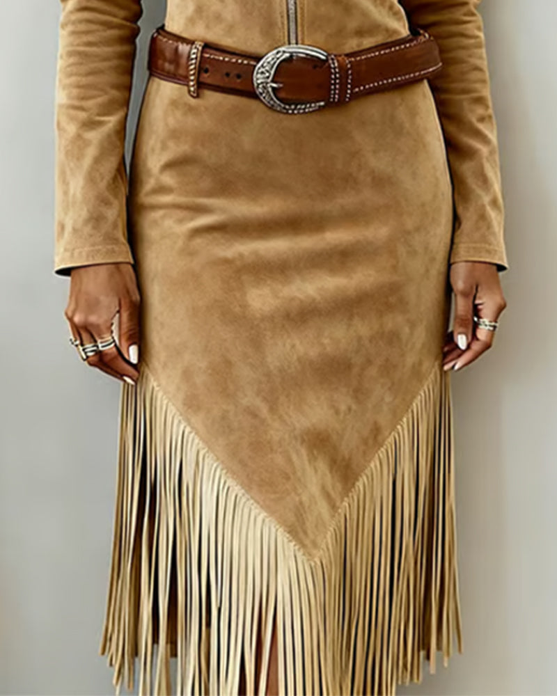 Half-Zip Tassel Solid Color Dress