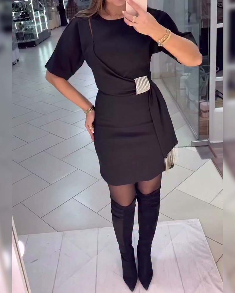 Elegant Solid Color Short-Sleeved Tassel Dress
