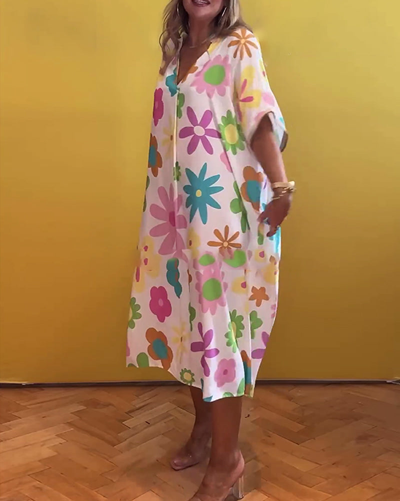 Loose V-neck floral print dress