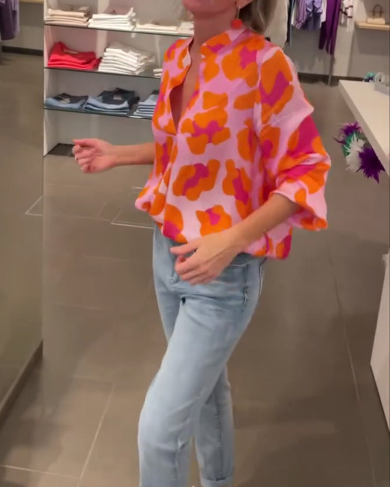 Printed V-neck lantern sleeve casual top