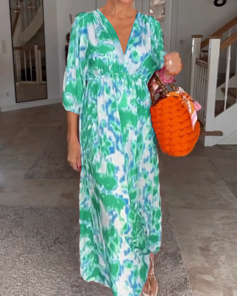 Fashion print v neck 3/4 sleeve dress
