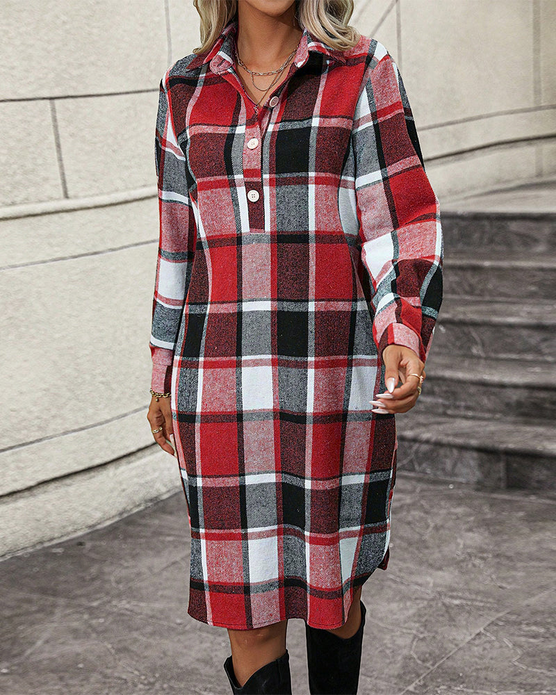 Plaid Lapel Shift Dress
