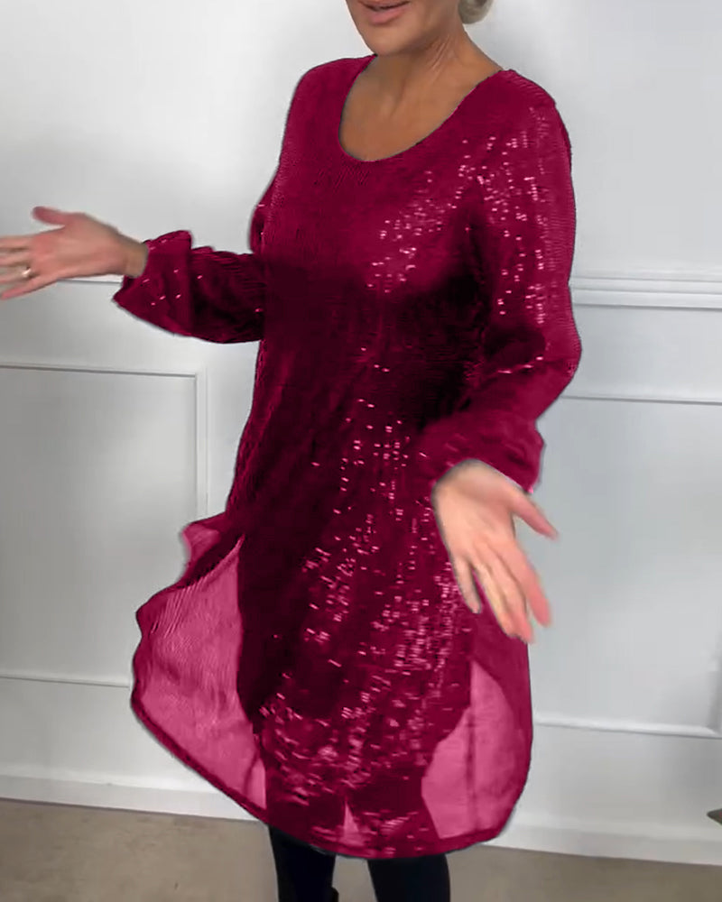 Elegant lantern sleeve sequined a-line dress