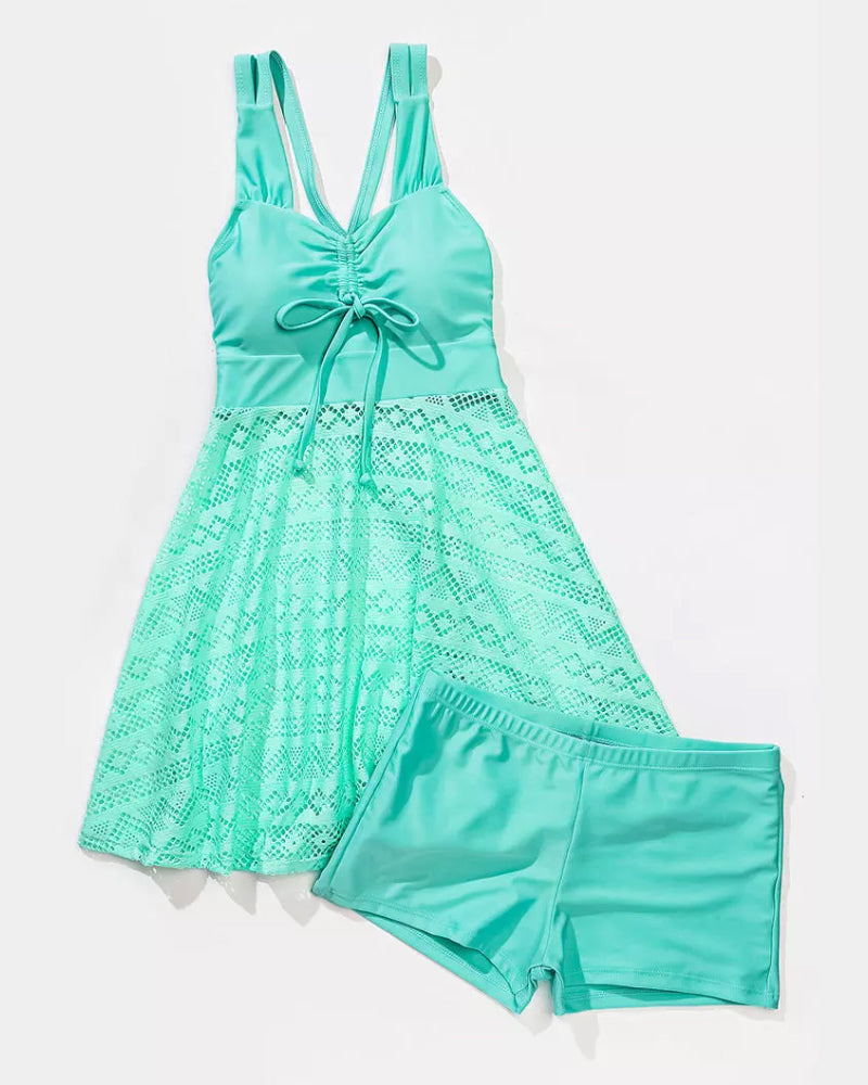 Solid Color Lace Panel Tankini