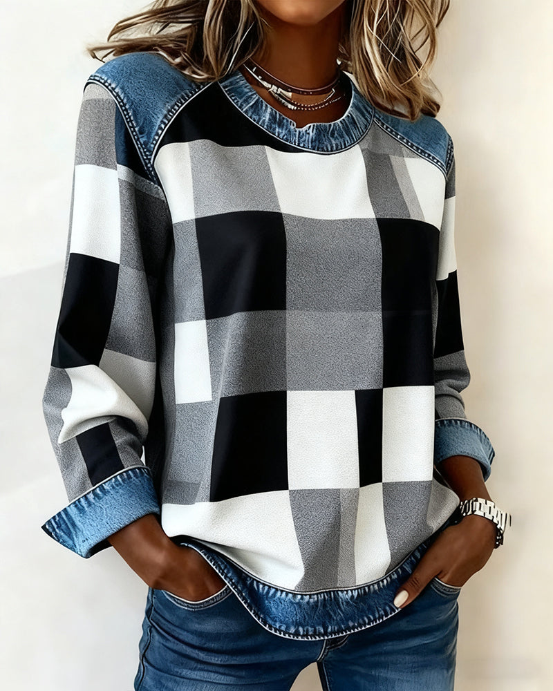 Plaid Patchwork Contrast Color Sweatshirt