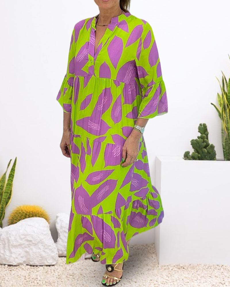 Leaves Print Dress with Short Sleeves