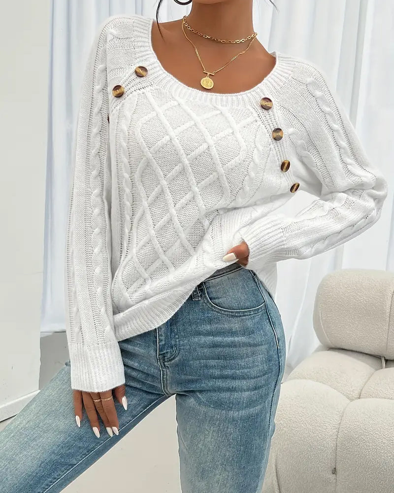 Solid Raglan Sleeve Buckle Cable Knit Sweater