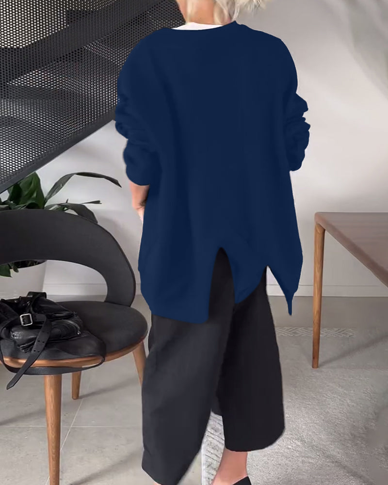 Solid color casual round neck slit sweatshirt