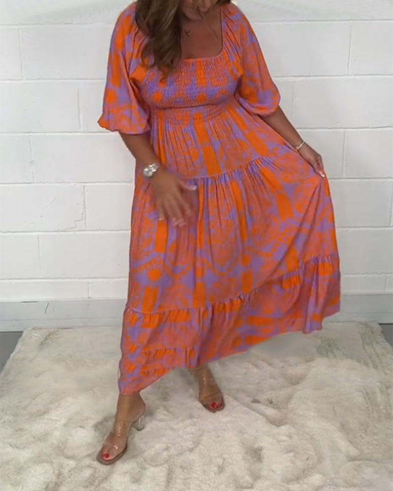 Square neck print half sleeve dress