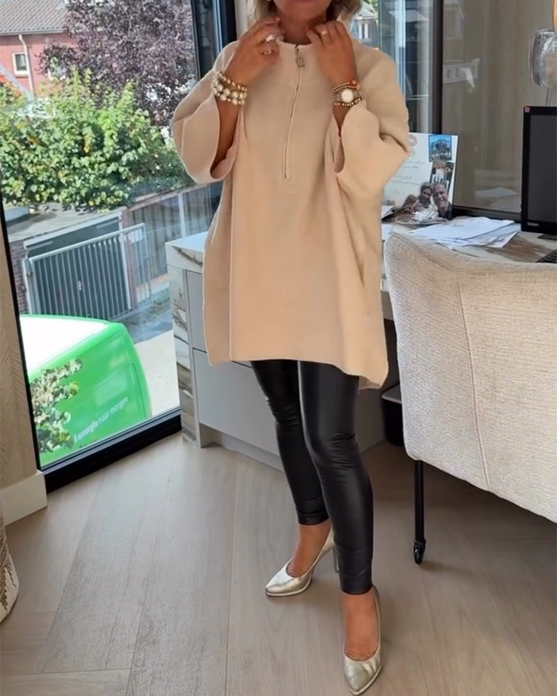 Stand Collar Half-Zip Loose Pullover