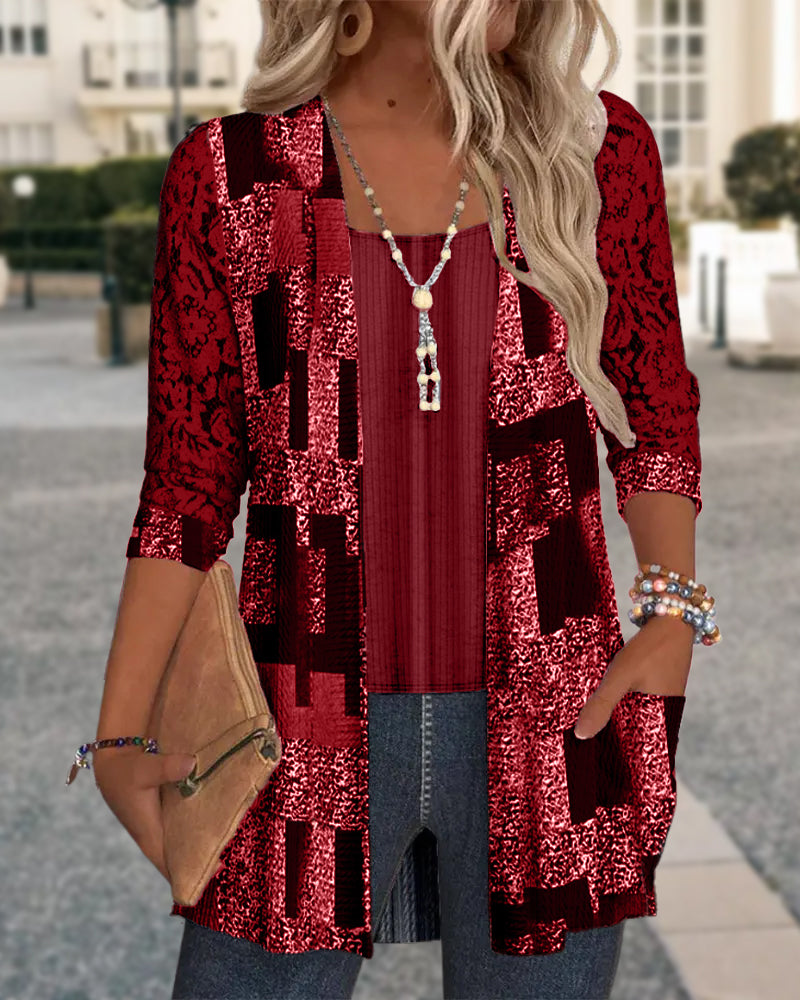 Faux Two-Piece Printed Long-Sleeved Blouse