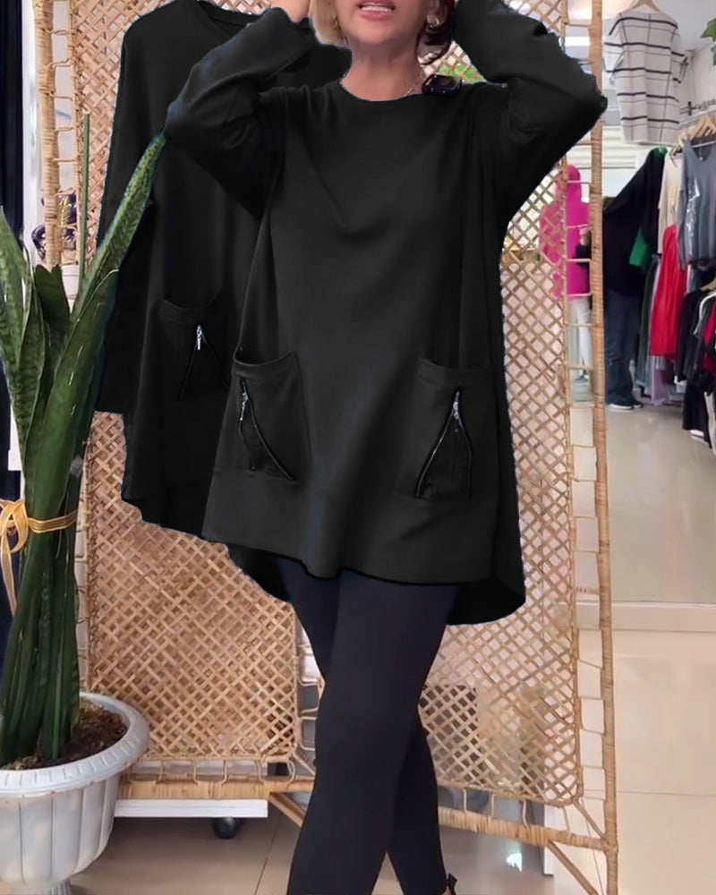 Round Neck Solid Color Zipper Pocket Sweatshirt