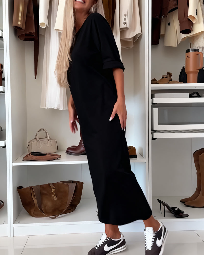 Solid Round Neck Slit Tunic Dress
