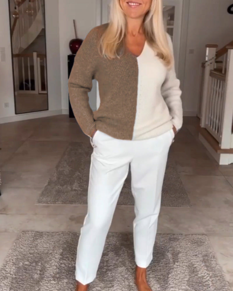 V-neck color block sweater