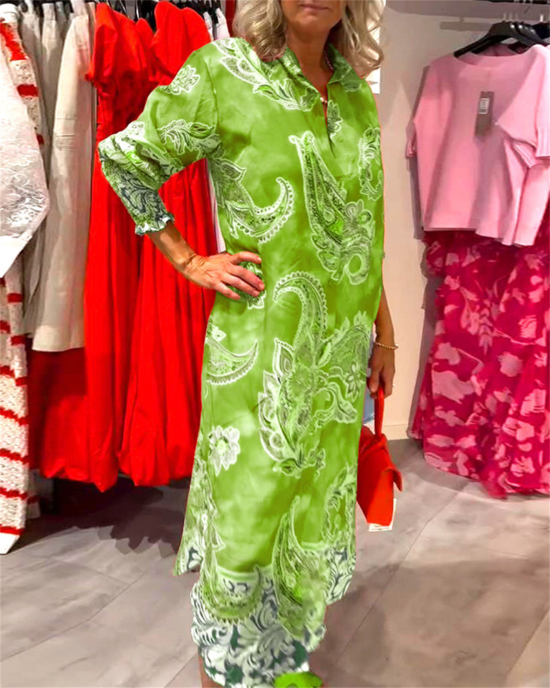 Stand Collar Long Sleeve Cashew Print Dress