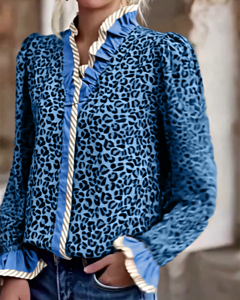 Casual Leopard Print Long-Sleeved Blouse