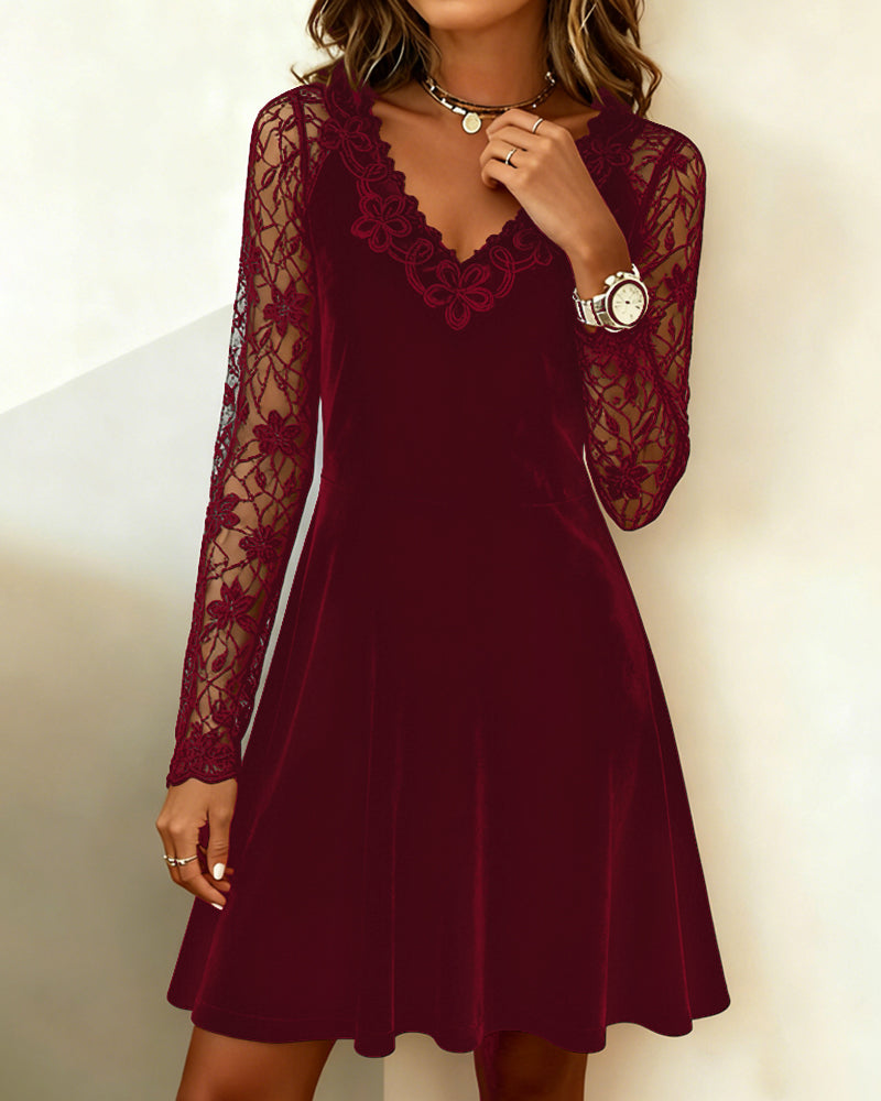 Lace-Trimmed Velvet A-Line Dress