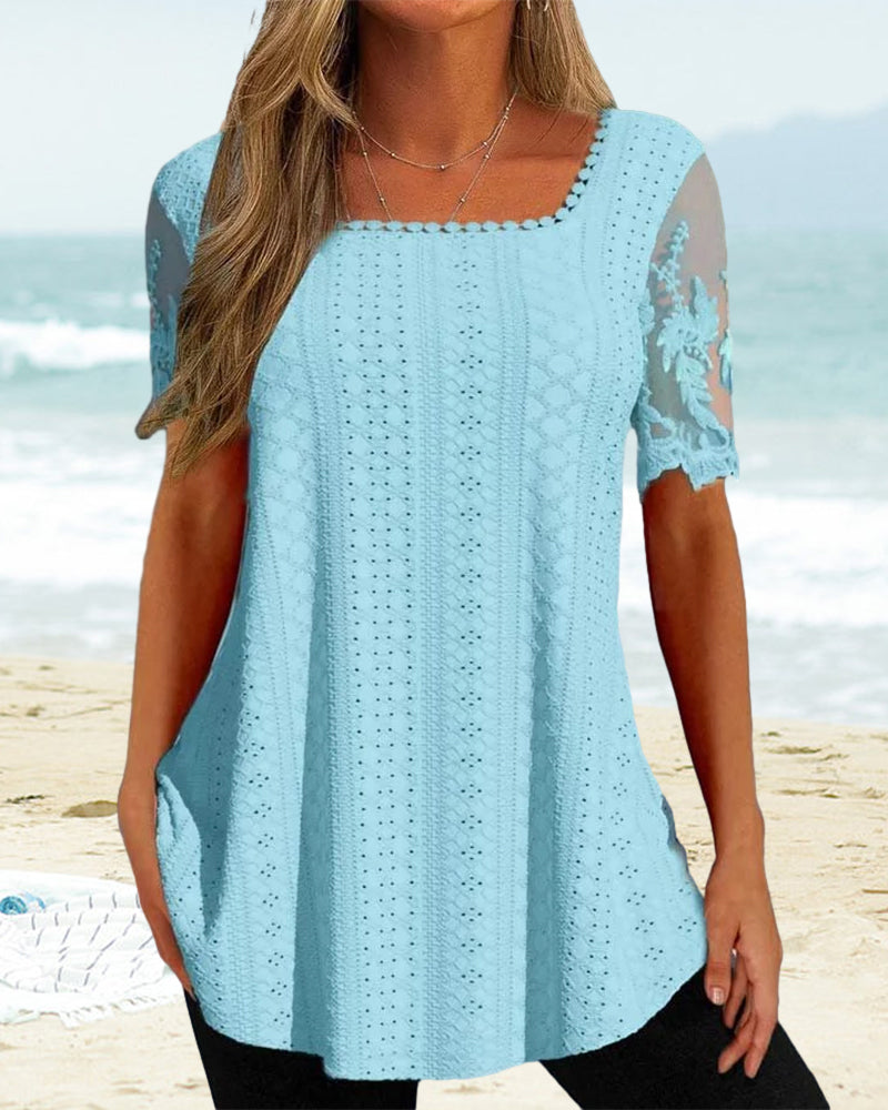 Hollow embroidery short-sleeved blouse