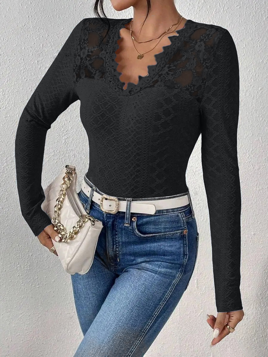 V-Neck Lace Panel Long-Sleeved Top