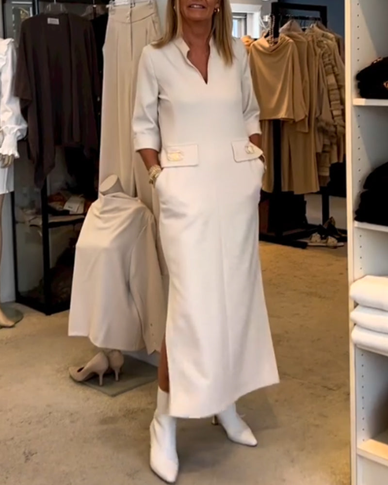 Solid color 3/4 sleeve slit dress